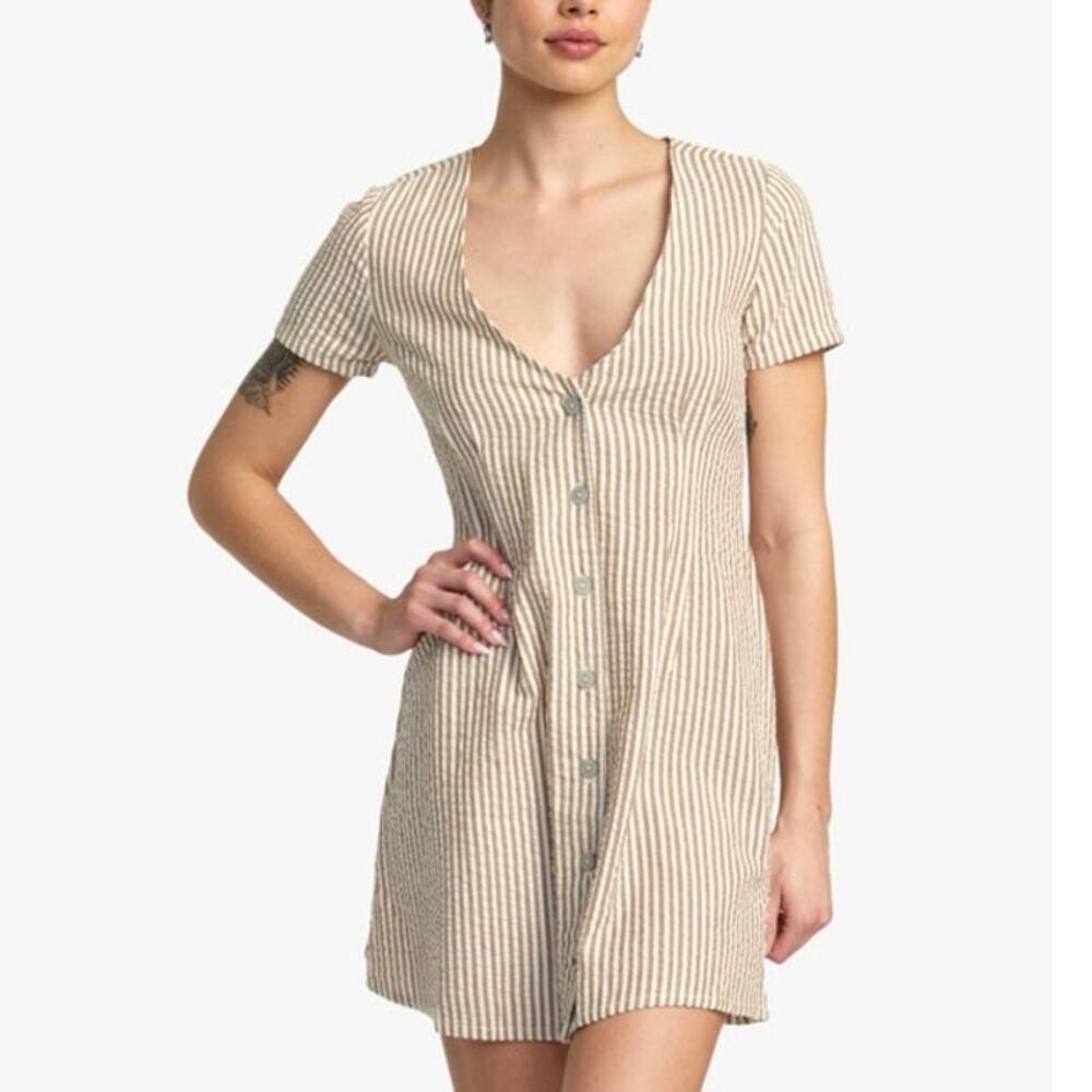RVCA Understated Mini Dress Natural Cotton Tan Beige Striped Button Size Small